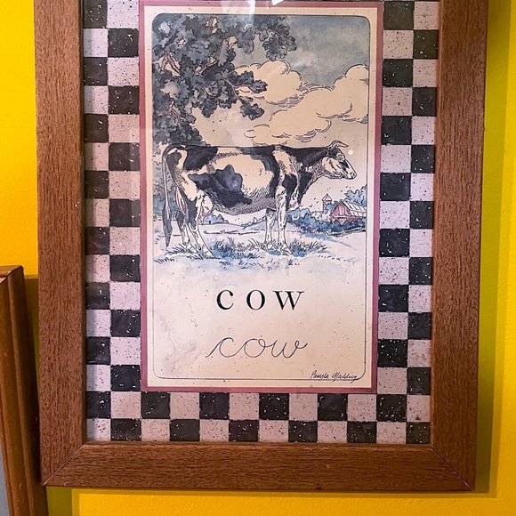 COW PRINT WITH CHECKERED BORDER IN WOODEN FRAME BY PAMELA GLADDING - Picture 2 of 2